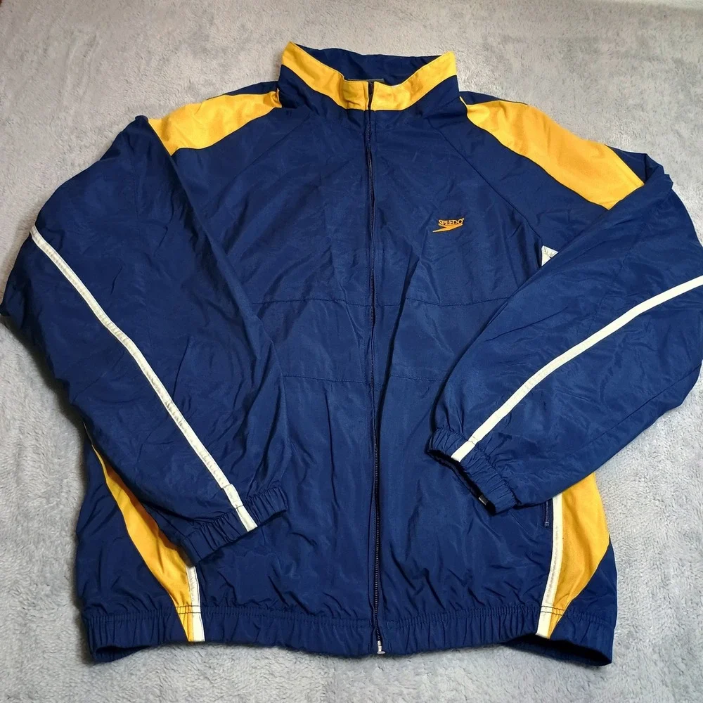 Speedo Windbreaker Jacket Mens XL Blue Yellow Vintage Colorblock Full Zip Vented